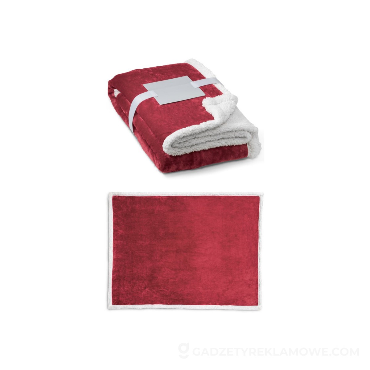 HEIDEN. Dwustronny polarowy koc (190 g/m²) z satynową wstążką i etykietą do personalizacji - Burgundski