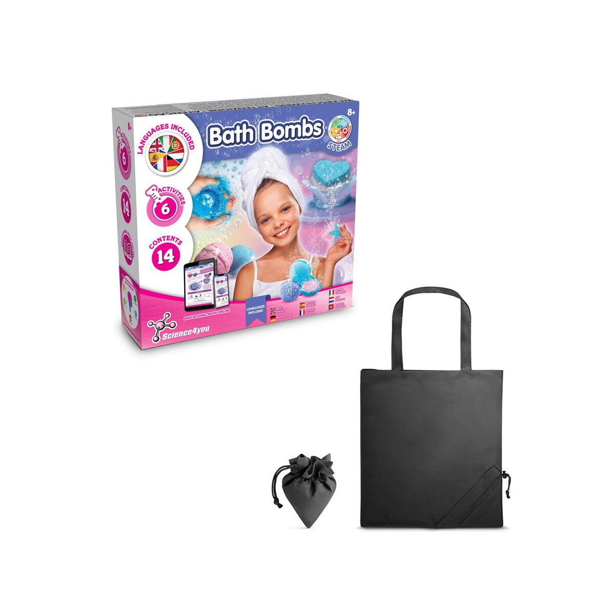 Zestawy kąpielowe z logo – bath bombs kit v. gra edukacyjna dostarczany ze składaną torbą prezentową 190t – czarna 35841_103 Bath Bombs Kit V. Gra edukacyjna dostarczany ze składaną torbą prezentową 190T - Czarna 35841_103